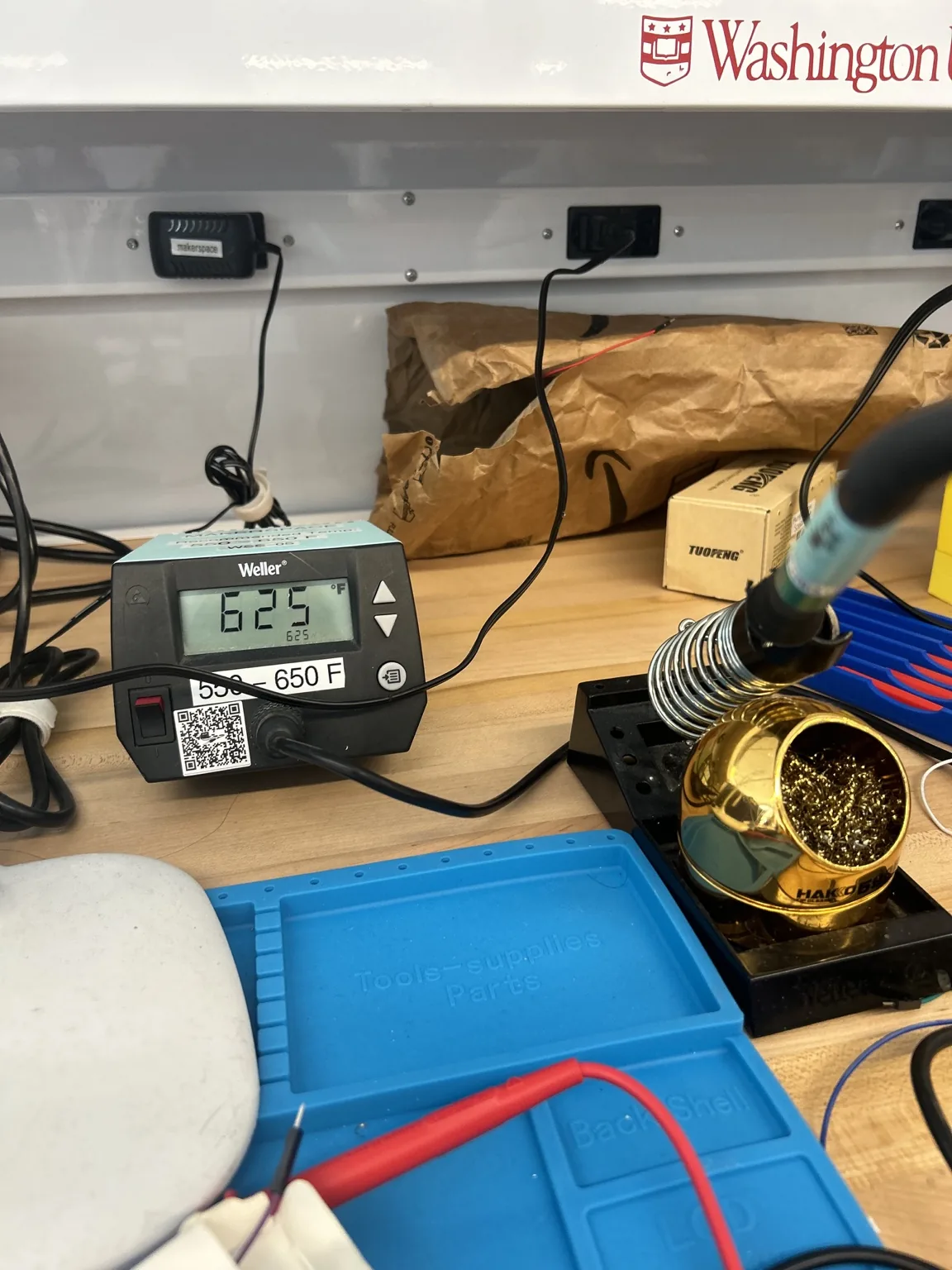Soldering station and tools on the WashU electronics workbench