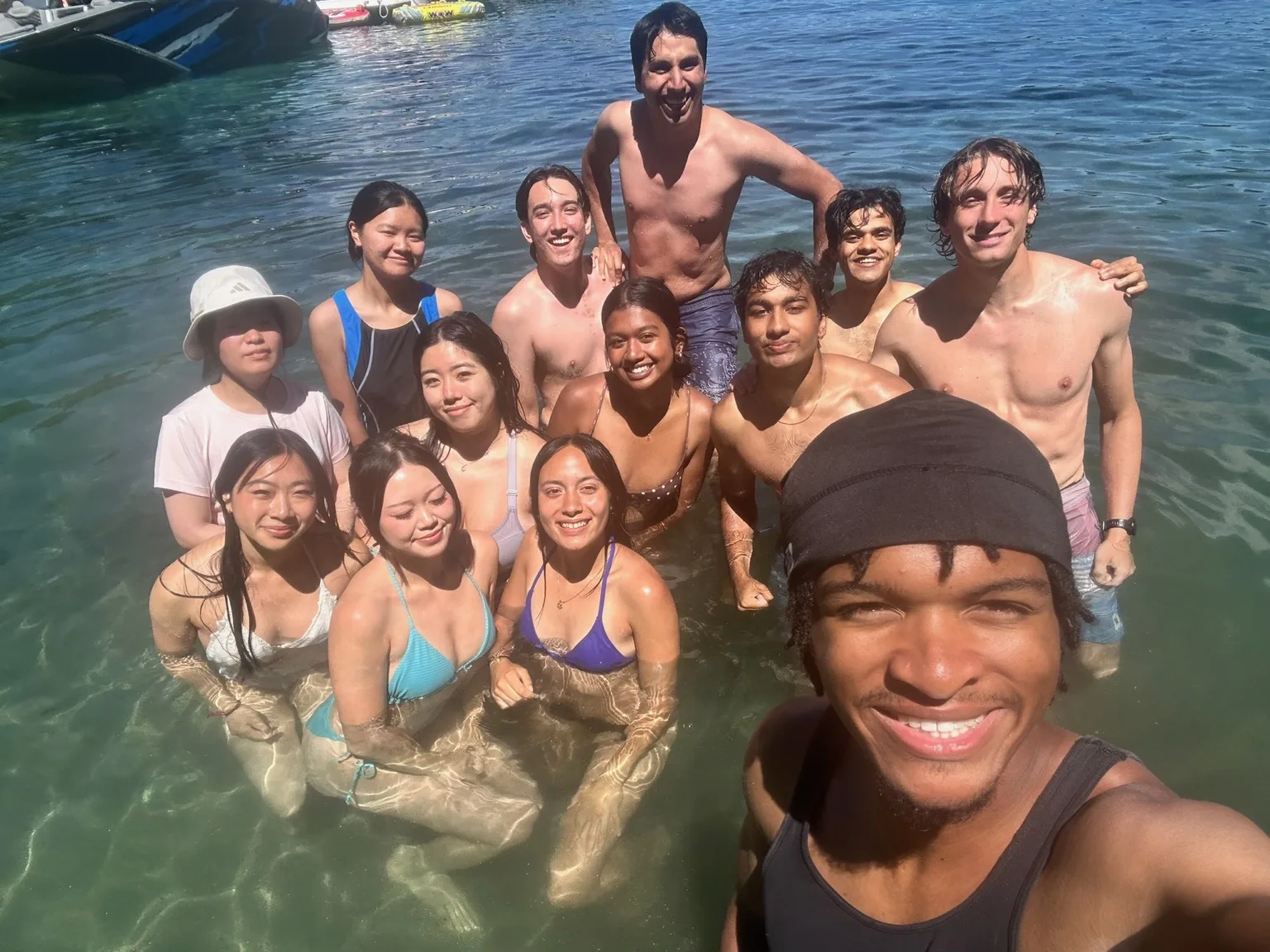 Intern group together in the water at Lake Tahoe