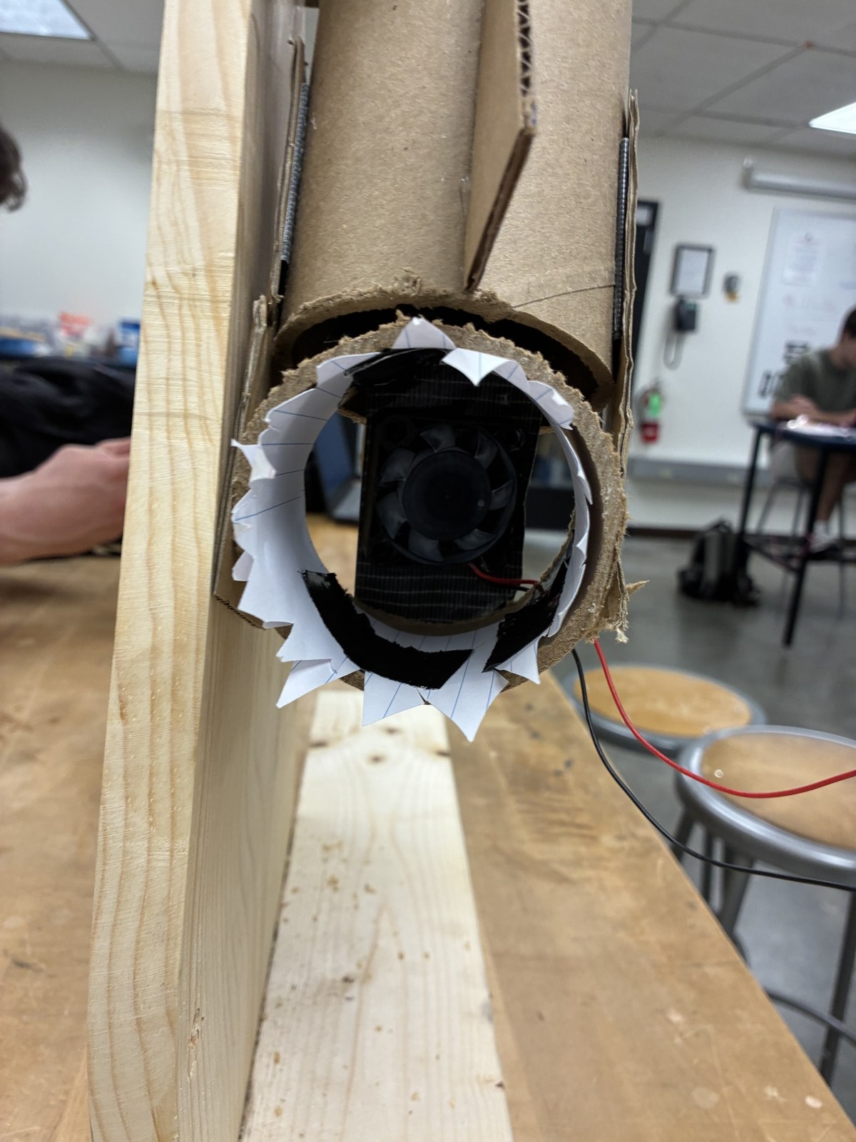 Close-up of the dummy fan and pivot arrangement on the team's physical mockup